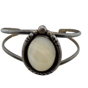 Vintage Sterling Silver & Mother Of Pearl Cuff Bracelet Stamped TK Double Band D
